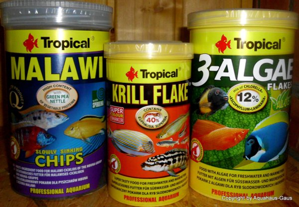 Tropical Kraftpaket: 1Liter Malawi Chips, 500ml Krill Flake, 1Liter 3-Algae Flakes